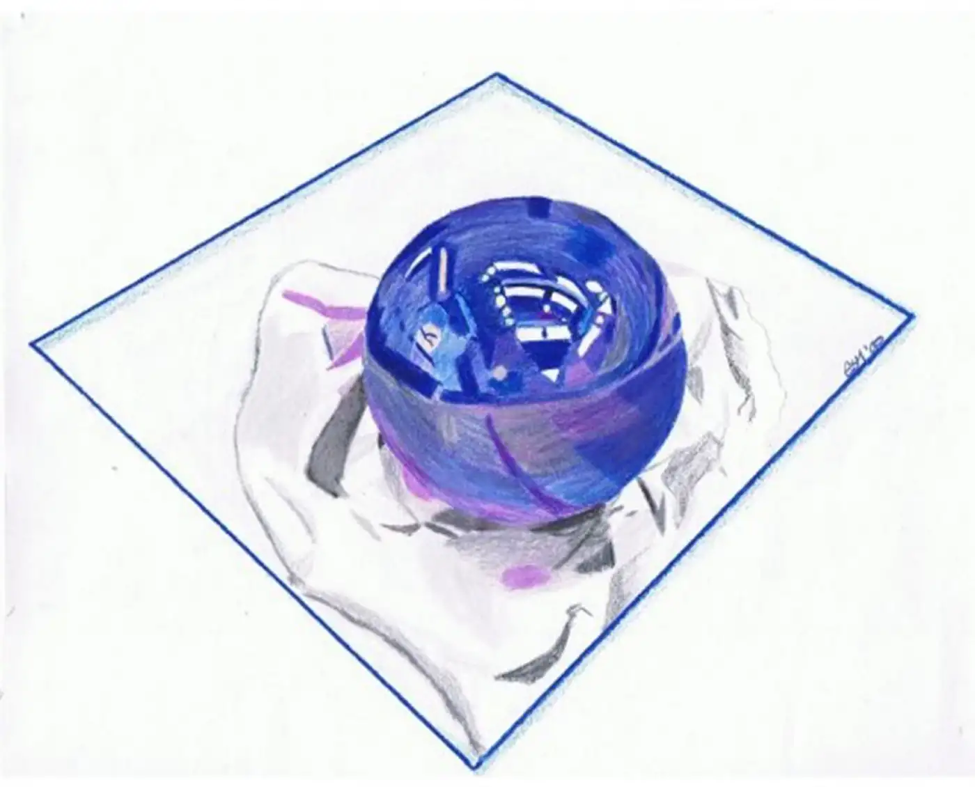Pencil crayon drawing of a blue marble on tissue paper and glass square.