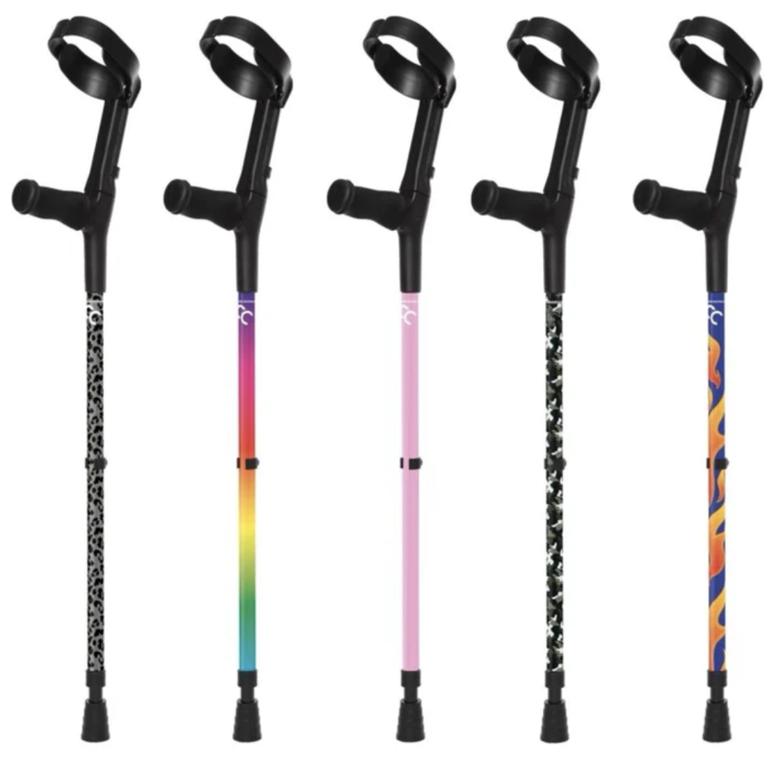 Five forearm crutches on a plain white background. The crutches have sturdy looking black forearm rings and handles. From left to right the designs on the crutch poles are: black leopard, rainbow, pink, camo, and orange flame on bright blue background.